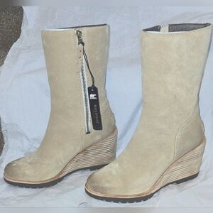 Sorel After Hours Women's Tan Suede Stacked Wedge Boots 7